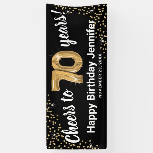 Black Gold Glitter 70th Birthday Spandoek (Verticaal)