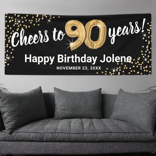 Black Gold Glitter 90th Birthday Spandoek