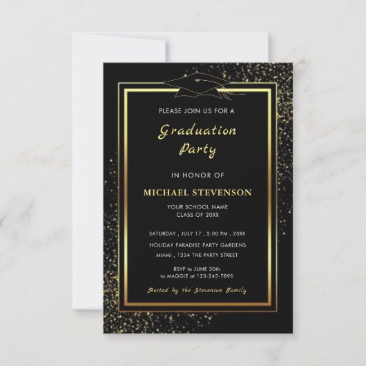 Black Gold Glitter Afstuderen Invitation Sjabloon Kaart (Voorkant)