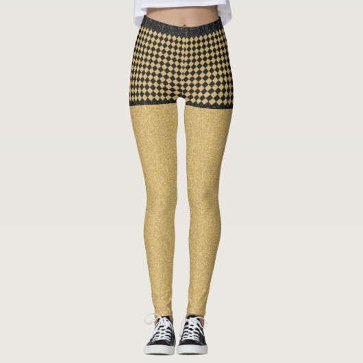 Black Gold Glitter Checkered Girly Trendy Pattern Leggings (Voorkant)