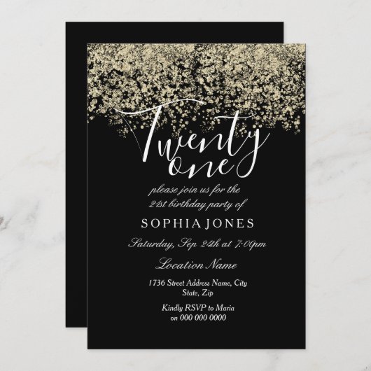 Black Gold Glitter Confetti 21e verjaardag Kaart (Voorkant / Achterkant)