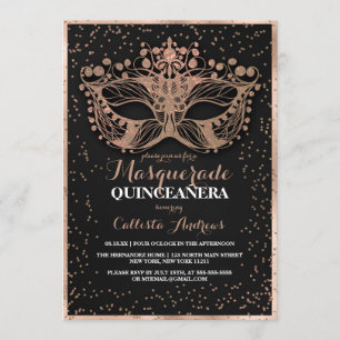 Black Gold Glitter Confetti Masquerade Quinceañera Kaart