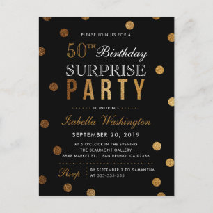 Black & Gold Glitter Confetti Surprise Party Uitnodiging Briefkaart