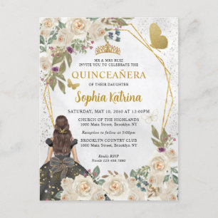 Black Gold Glitter Floral Princess Quinceañera Uitnodiging Briefkaart