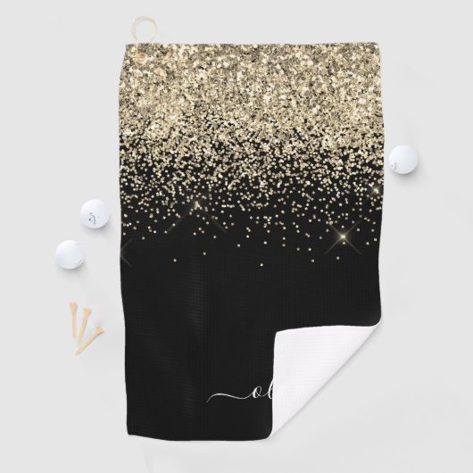 Black Gold Glitter Girly Monogram Naam Golfhanddoek (Insitu)