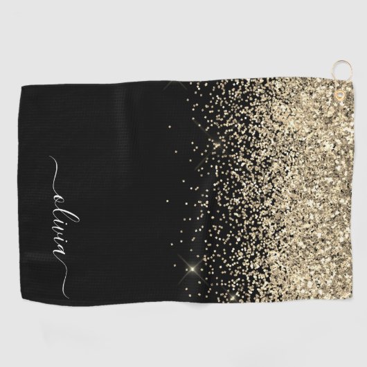 Black Gold Glitter Girly Monogram Naam Golfhanddoek (Horizontaal)