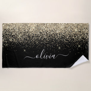 Black Gold Glitter Girly Monogram Naam Strandlaken