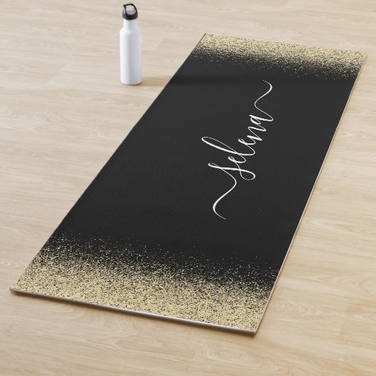 Black Gold Glitter Girly Monogram Yogamat (In situ)