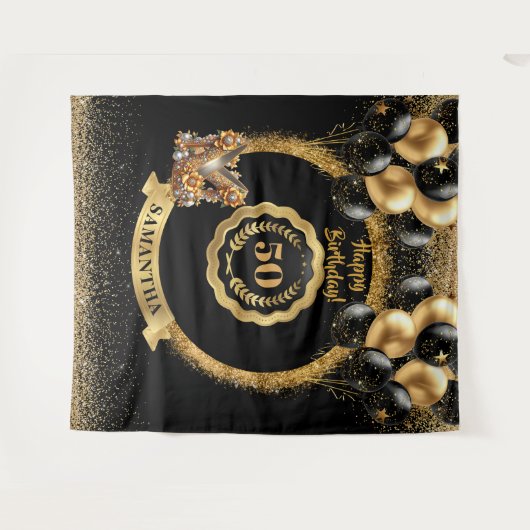 Black Gold Glitter Glam 50e verjaardag achtergrond Wandkleed (Voorkant (horizontaal))