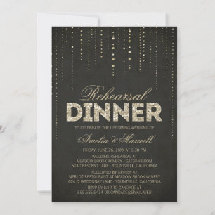 Black & Gold Glitter-look Rehearsal Dinner Invite Kaart