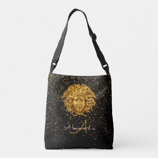Black Gold Glitter Medusa Script Haute Couture Crossbody Tas (Achterkant)