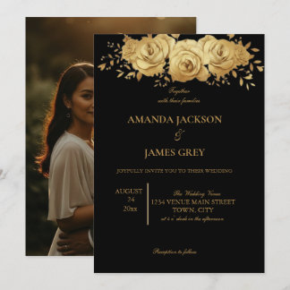 Black Gold Glitter Photo Back Glam Wedding Kaart