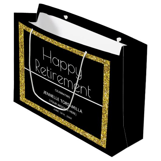 Black Gold Glitter Retirement Party Groot Cadeauzakje (Voorkant Gekanteld)