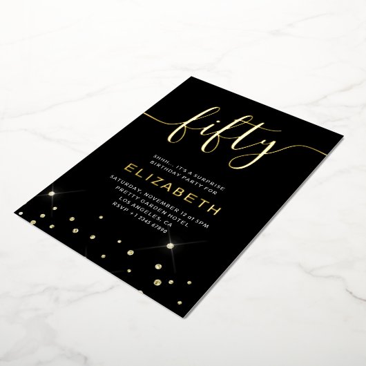 Black & Gold Glitter Script 50ste verjaardagsfeest Folie Uitnodiging (Gedraaid)