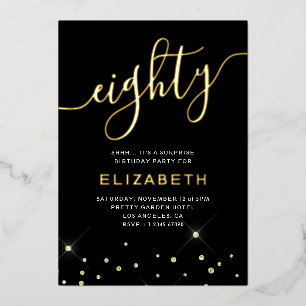 Black & Gold Glitter Script 80ste verjaardagsfeest Folie Uitnodiging
