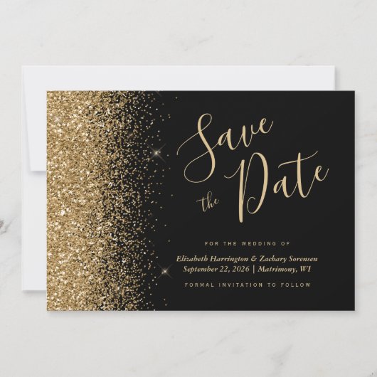Black Gold Glitter Script De datum opslaan Kaart (Voorkant)