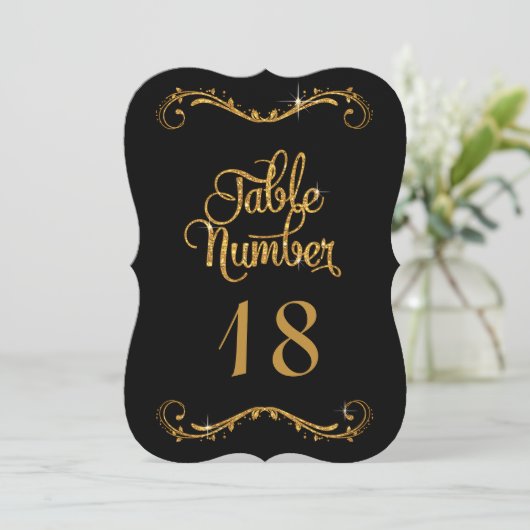 Black Gold Glitter Script Typography Table Numbers Kaart (Staand voorkant)