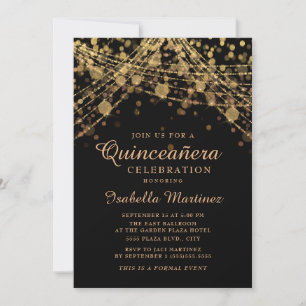 Black Gold Glitter Slingerlichten Quinceañera Kaart