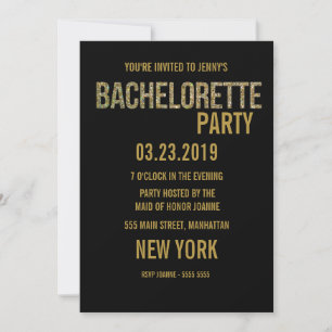 Black Gold Glitter Typography Bachelorette Invite Kaart