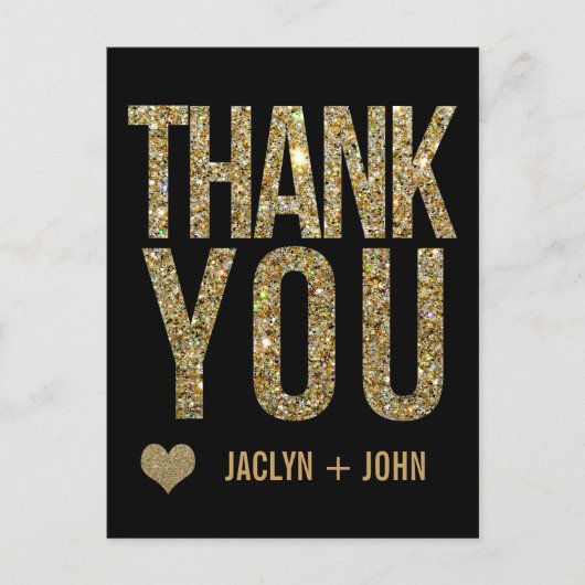 Black & Gold Glitter Wedding Bedankt Briefkaart (Voorkant)