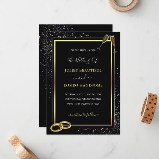 Black Gold Glitter Wedding Invitation Sjabloon (Voorkant / Achterkant in situ)