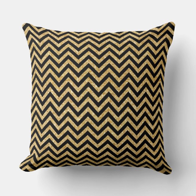 Black Gold Glitter Zigzag Stripes Chevron Pattern Kussen (Voorkant)