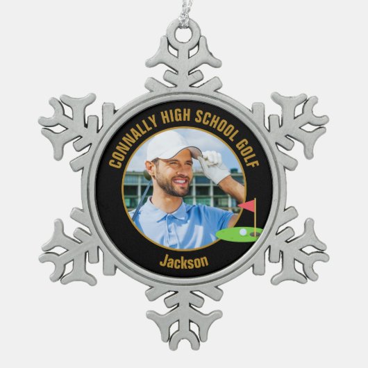 Black Gold Golfer Photo High School Golf Team Tin Sneeuwvlok Ornament (Voorkant)