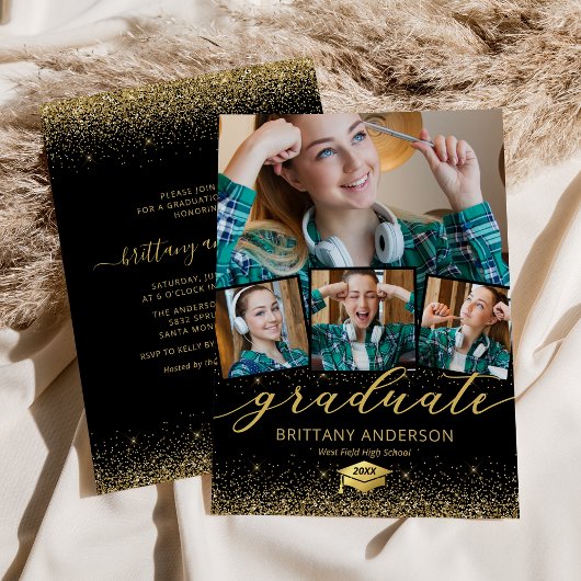 Black Gold Graduation 4 Photo Invitation