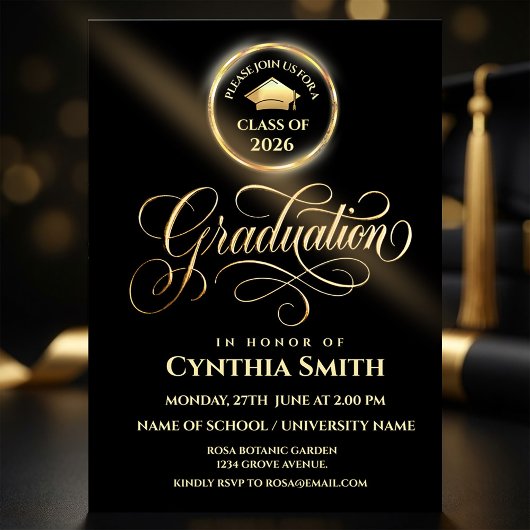 Black & Gold Graduation Invitation | Class of 2026 Kaart