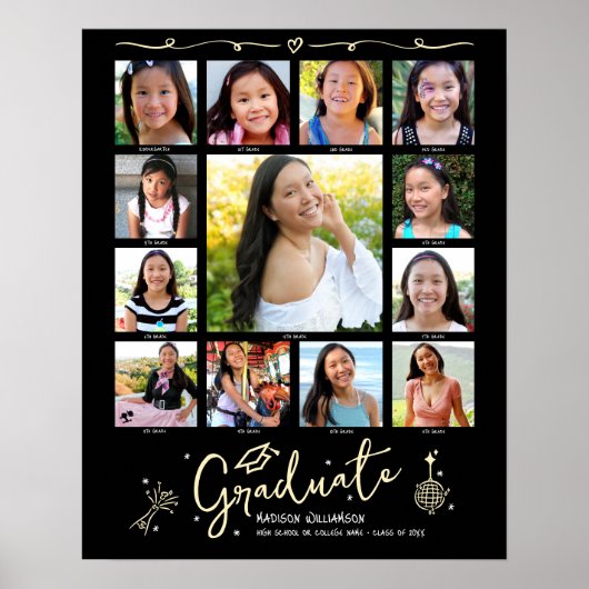 Black Gold Graduation K–12 Photo Collage Doodles Poster (Voorkant)