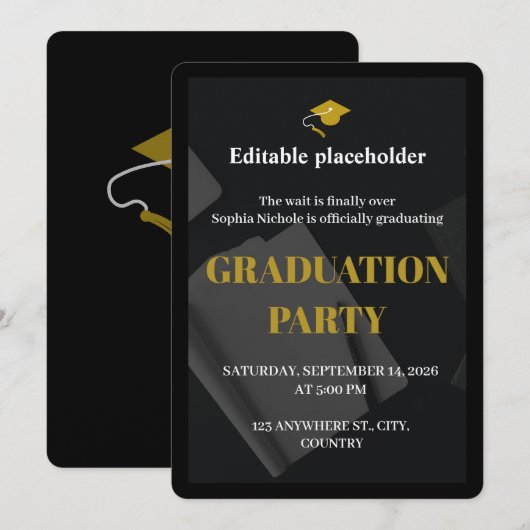 Black Gold Graduation Party Editable Invitation (Devant / Derrière)