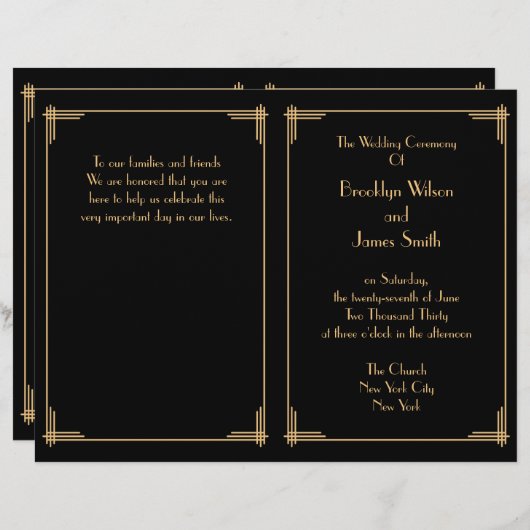 Black Gold Great Gatsby Art Déco Programmes de mar (Devant / Derrière)