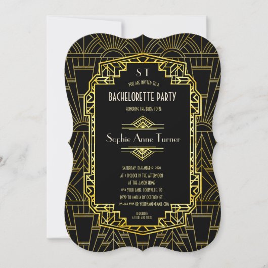Black & Gold Great Gatsby Bachelorette Party Kaart (Voorkant)
