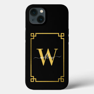 Black & Gold Greek Key Monogrammen iPhone 13 Hoesje