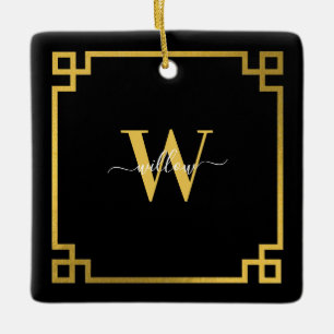 Black & Gold Greek Key Monogrammen Keramisch Ornament