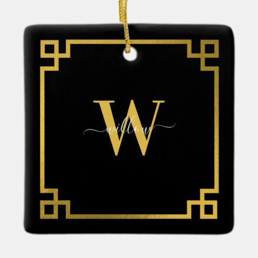 Black & Gold Greek Key Monogrammen Keramisch Ornament (Voorkant)