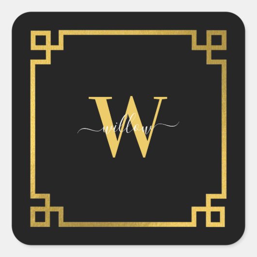 Black & Gold Greek Key Monogrammen Vierkante Sticker (Voorkant)