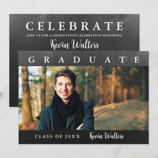  Black Gold Handwrite Foto Afstudeerder Party Kaart (Voorkant / Achterkant)