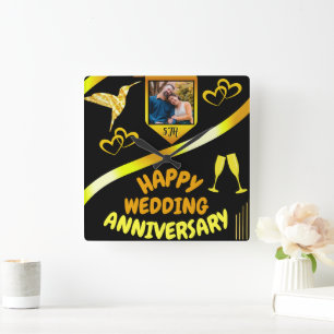 Black & Gold Happy 5th Wedding Jubileum Gift Vierkante Klok