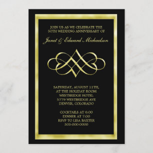 Black Gold Heart Swirl Jubileum Invitation Kaart
