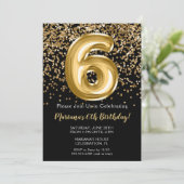 Black Gold Kids Girl 6th Birthday Party Invitation (Debout devant)
