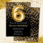 Black Gold Kids Girl 6th Birthday Party Invitation<br><div class="desc">Elégante invitation de fête de 6ème anniversaire en noir et or pour une fille de 6 ans avec un script élégant écriture police or design et des ballons de papier amusant.</div>