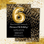 Black Gold Kids Girl 6th Birthday Party Invitation<br><div class="desc">Elégante invitation de fête de 6ème anniversaire en noir et or pour une fille de 6 ans avec écriture de script élégante et ballons amusants en feuille de papier.</div>