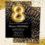 Black Gold Kids Girl 8th Birthday Party Invitation<br><div class="desc">Elégante invitation à la fête de 8ème anniversaire en noir et or pour une fille de 8 ans avec un script élégant écrivant des polices d'or et des ballons de papier amusant.</div>