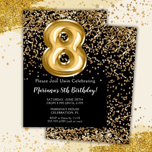 Black Gold Kids Girl 8th Birthday Party Invitation