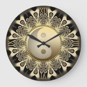 Black Gold Lace Mandala Balance Yin Yang Wall Cloc Grote Klok