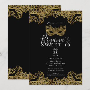 Black & Gold Lace Masquerade Sweet 16 Party Kaart