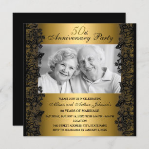 Black & Gold Lace Photo Invitation du 50e annivers
