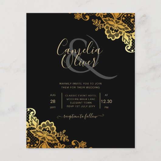Black Gold Lace Wedding-uitnodigingen (Voorkant)