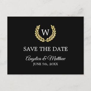 Black Gold Laurel Monogram BEWAAR DE DATE Weddensc Aankondigingskaart